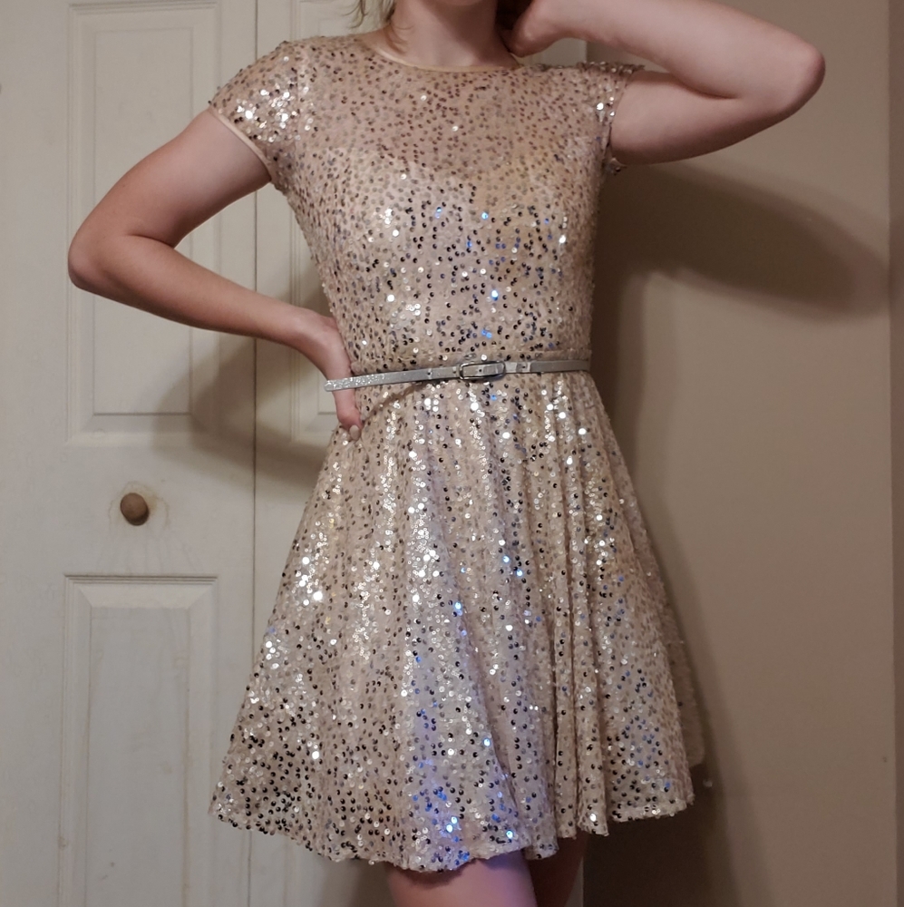 Disco shiny dress with silver belt | B. Darlin 3/4